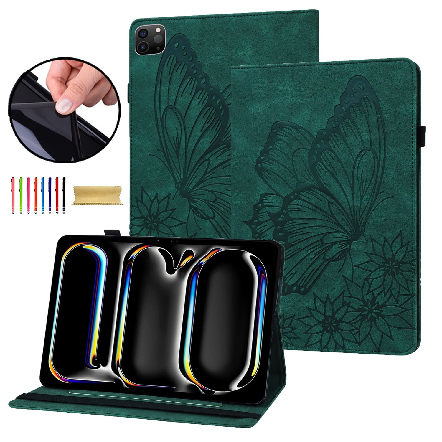 Allytechgroup iPad Air 13 Inch 2025 2024 Case, Stylish Big Butterfly Design PU Leather Smart Cover Auto Sleep Wake Pencil Holder Flip Stand Shockproof Bumper Case for Apple iPad Air 13" M3 M2,Green