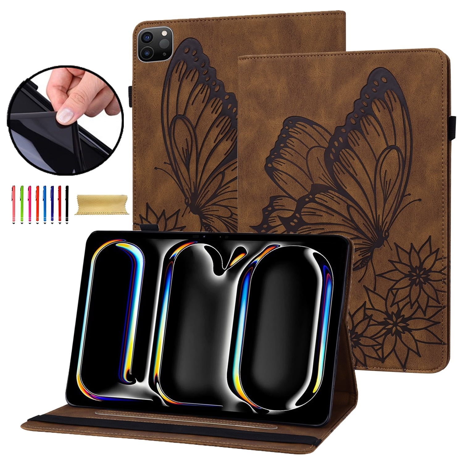 Allytechgroup iPad Air 13 Inch 2025 2024 Case, Stylish Big Butterfly Design PU Leather Smart Cover Auto Sleep Wake Pencil Holder Flip Stand Shockproof Bumper Case for Apple iPad Air 13" M3 M2,Brown