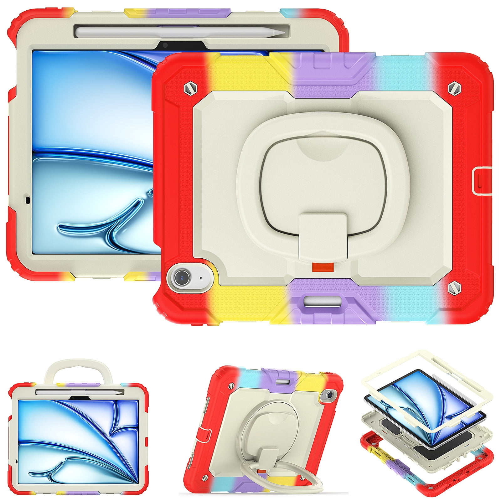 Allytechgroup iPad Air 13" M3 M2 2025/2024 Case with Screen Protector, Heavy Duty Shockproof Kickstand Handle Bumper Pencil Holder Anti-Scratch Kids Friendly Case Cover for Apple iPad Air 13", Red