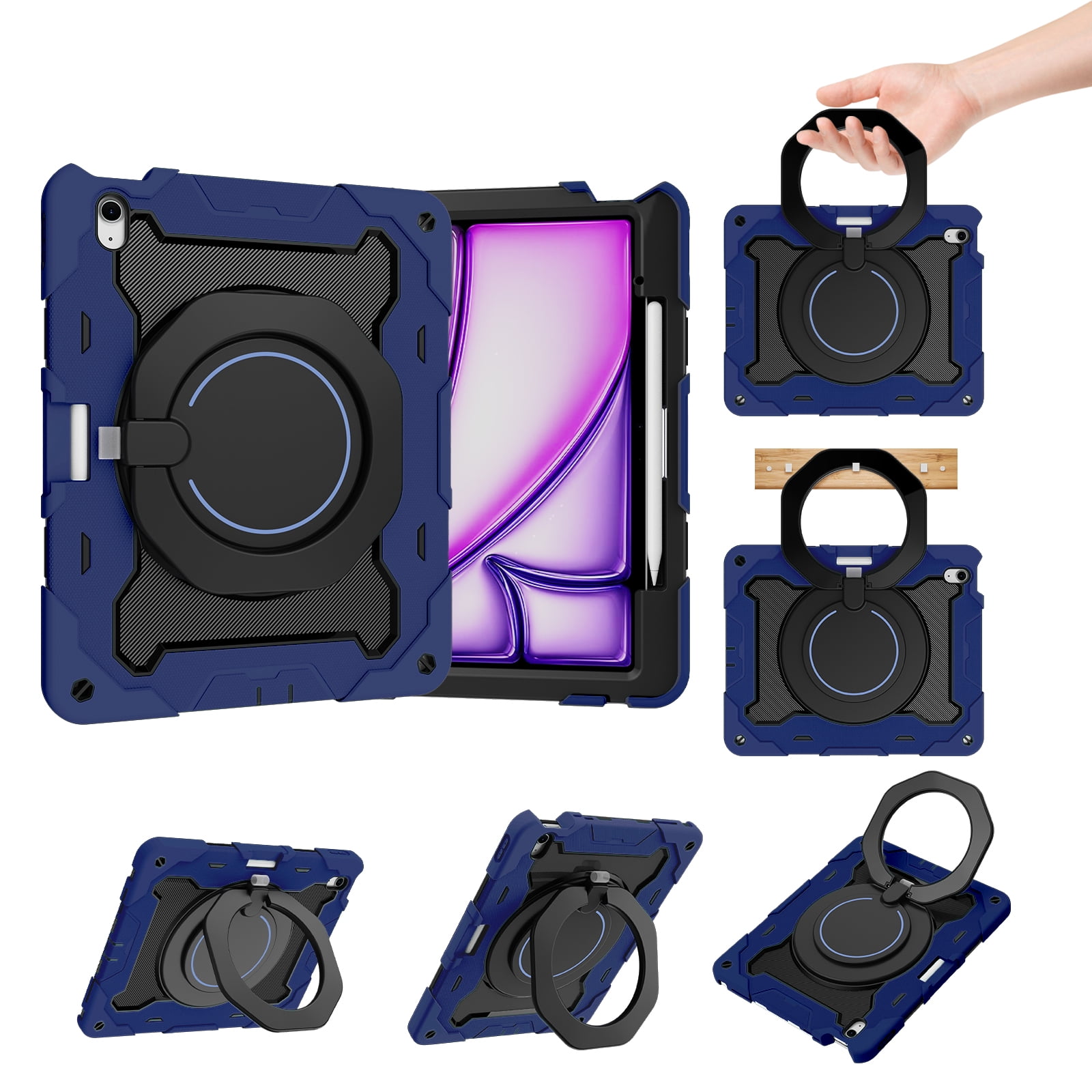 Allytechgroup for iPad Air 13 inch M2 Case 2024 with Pencil Holder, 360° Rotating Handle Grip Stand Cover Heavy Duty Military Grade Protection Rugged Shockproof Kickstand Kids Girl Case, Darkblue