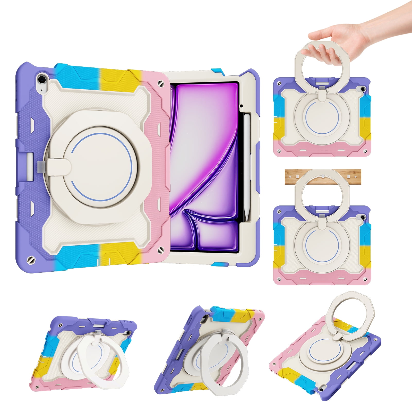 Allytechgroup for iPad Air 13 inch M2 Case 2024 with Pencil Holder, 360° Rotating Handle Grip Stand Cover Heavy Duty Military Grade Protection Rugged Shockproof Kickstand Kids Girl Case, Rainbow Pink
