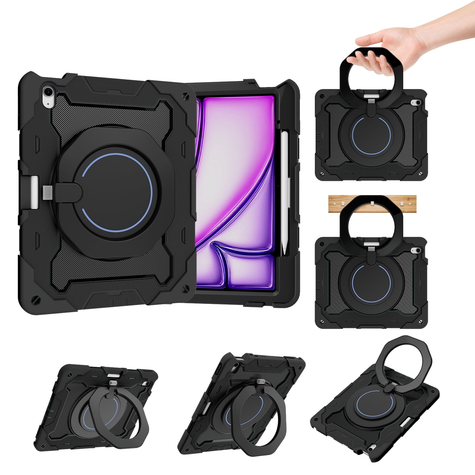 Allytechgroup for iPad Air 13 inch M2 Case 2024 with Pencil Holder, 360° Rotating Handle Grip Stand Cover Heavy Duty Military Grade Protection Rugged Shockproof Kickstand Case for Kids Girls, Black