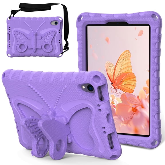 Allytechgroup iPad Mini 1 2 3 4 5 Case 7.9", Butterfly Design Kids Friendly Shockproof Kickstand EVA Shoulder Strap Bumper Lightweight Case for Apple iPad mini 1st 2nd 3rd 4th 5th Gen, Lightpurple
