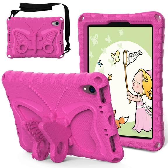 iPad Mini 6 7 Case 8.3" for Kids, Butterfly Design Kids Friendly Shockproof Kickstand EVA Shoulder Strap Bumper Lightweight Case for Apple iPad mini 6th 7th Generation 2021/2024,Rose