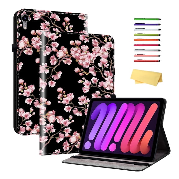 Allytechgroup for iPad Mini 7 (A17 Pro) 2024 (8.3 inch) with Stand/ Pencil Holder/Card Pockets/PU Leather Magnetic Smart Cover for iPad Mini 7th/6th Generation, [Auto Sleep/Wake], Pink Plum Blossom