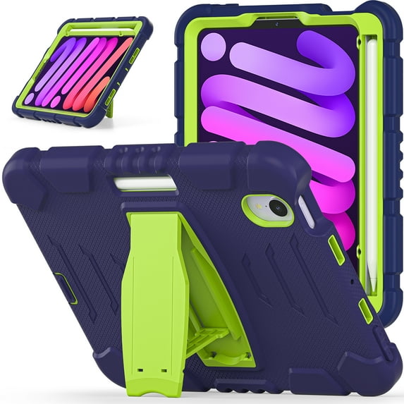 Allytechgroup for iPad Mini 7 Kids Case, for iPad Mini 6th/7th Generation Cases with Pencil Holder Kickstand Shockproof Protective Back Cover for iPad Mini 6/7 Case 8.3 Inch, Blue+Green