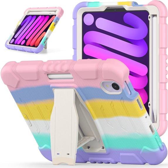 Allytechgroup for iPad Mini 7 Kids Case, for iPad Mini 6th/7th Generation Cases with Pencil Holder Kickstand Shockproof Protective Back Cover for iPad Mini 6/7 Case 8.3 Inch, Colourfulpink