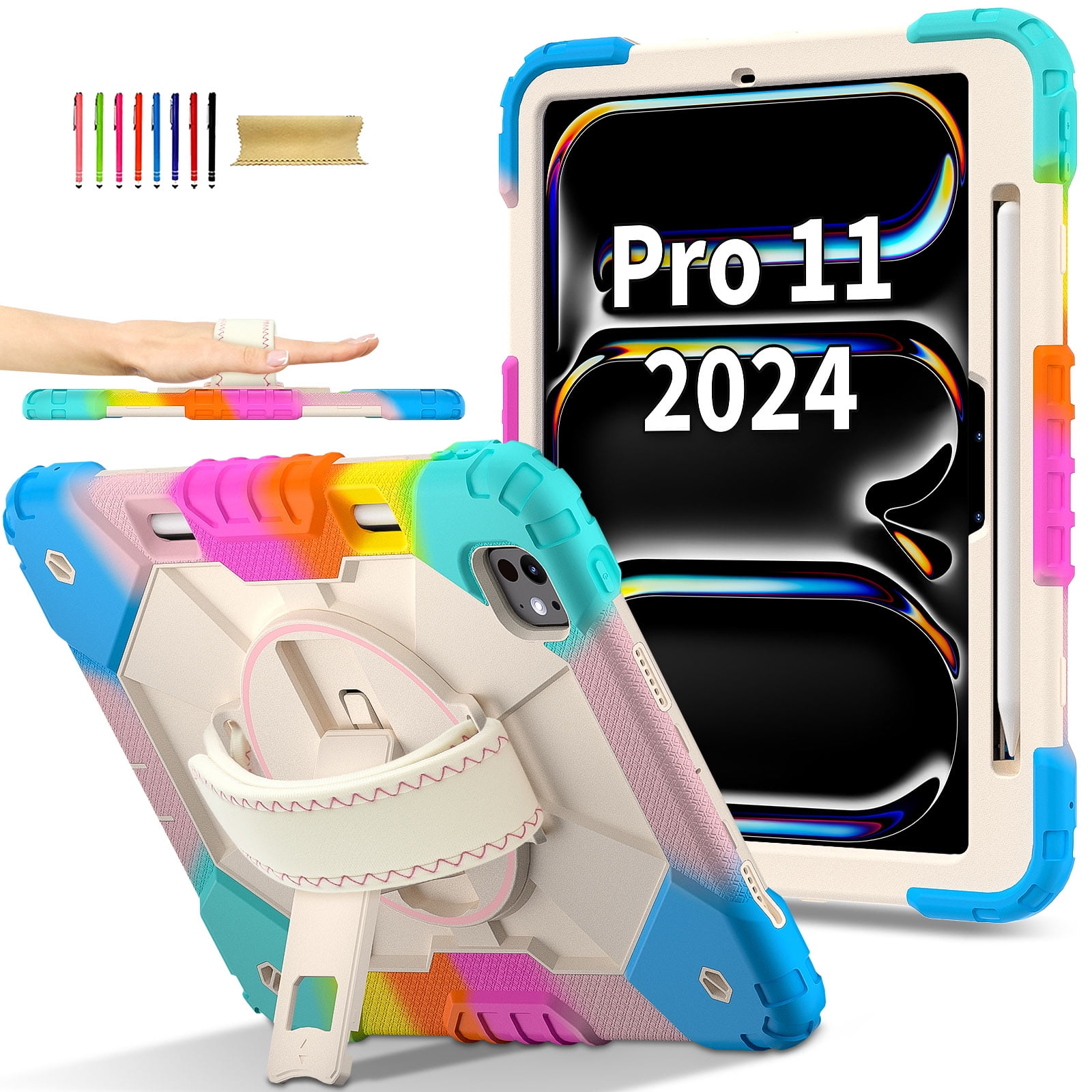 Allytechgroup iPad Pro 11 2024 Case Cover with Pencil Holder, Rugged Protection with Kickstand & Hand Strap Heavy Duty Shockproof Kids Friendly Case for Apple iPad Pro 11 M4 2024, Colorful Blue