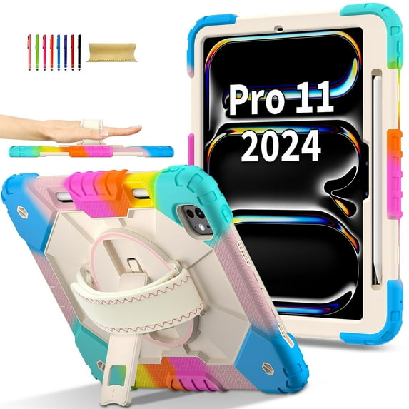 Allytechgroup iPad Pro 11 2024 Case Cover with Pencil Holder, Rugged Protection with Kickstand & Hand Strap Heavy Duty Shockproof Kids Friendly Case for Apple iPad Pro 11 M4 2024, Colorful Blue