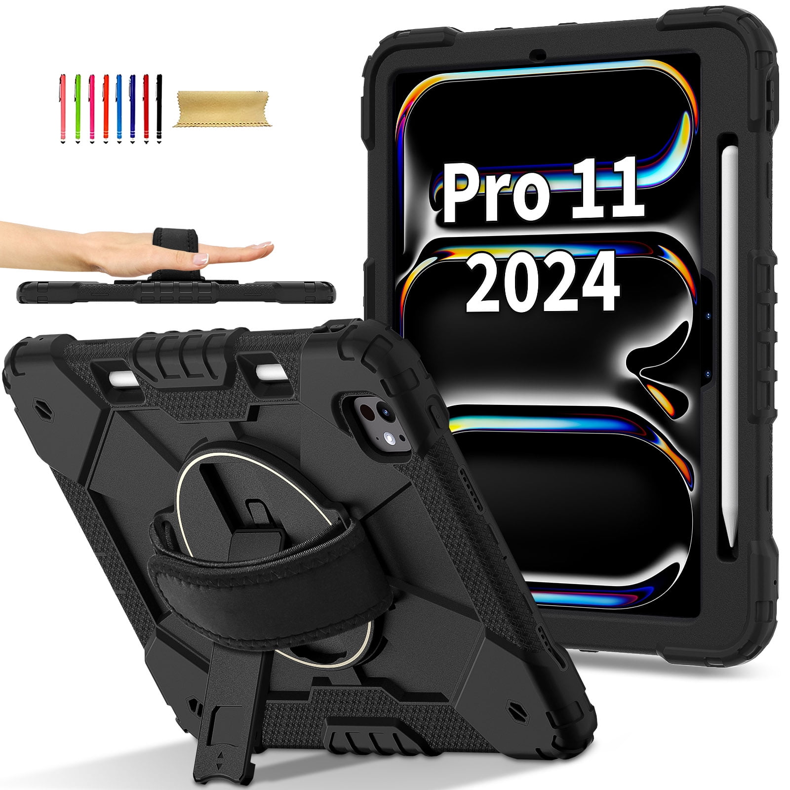 Allytechgroup iPad Pro 11 2024 Case Cover with Pencil Holder, Rugged Protection with Kickstand & Hand Strap Heavy Duty Shockproof Kids Friendly Case for Apple iPad Pro 11 M4 2024, Black