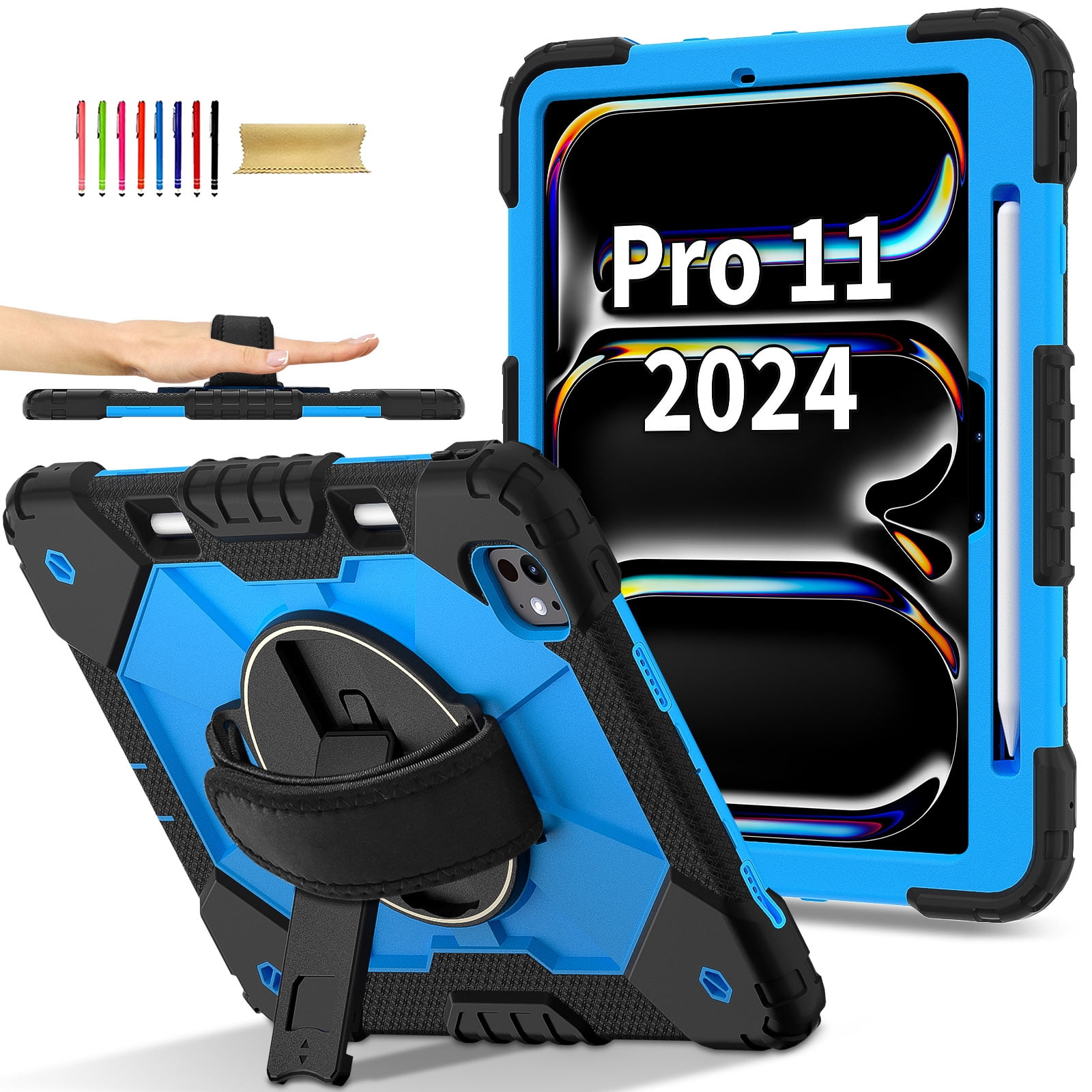 Allytechgroup iPad Pro 11 2024 Case Cover with Pencil Holder, Rugged Protection with Kickstand & Hand Strap Heavy Duty Shockproof Kids Friendly Case for Apple iPad Pro 11 M4 2024, Blue
