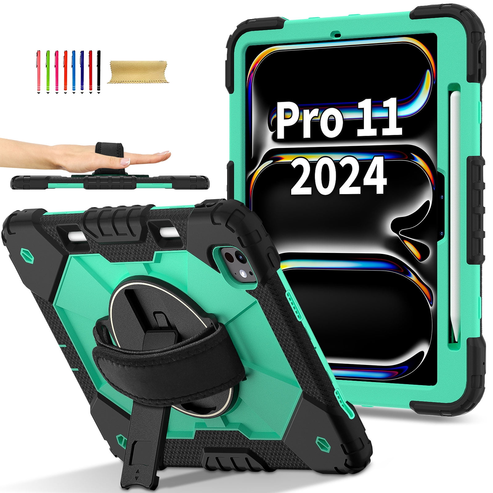 Allytechgroup iPad Pro 11 2024 Case Cover with Pencil Holder, Rugged Protection with Kickstand & Hand Strap Heavy Duty Shockproof Kids Friendly Case for Apple iPad Pro 11 M4 2024, Mint