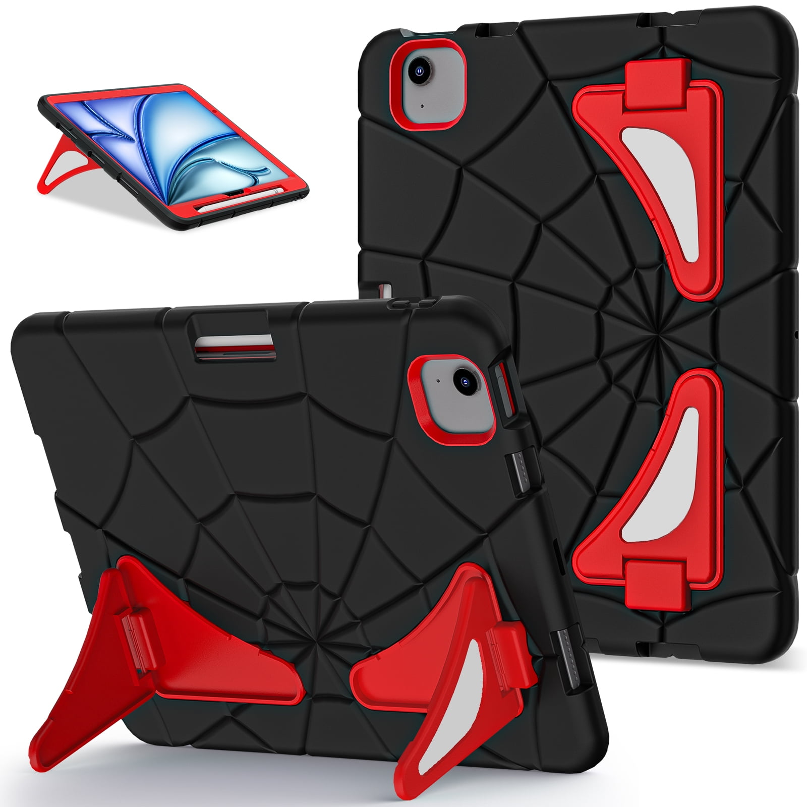 Allytechgroup iPad Pro 11 2024 Case, Cute Stylish Design Kids Friendly Rugged Kickstand Lightweight Silicone PC Case with Pencil Holder for Apple iPad Pro 11 Inch 2024, Black+Red
