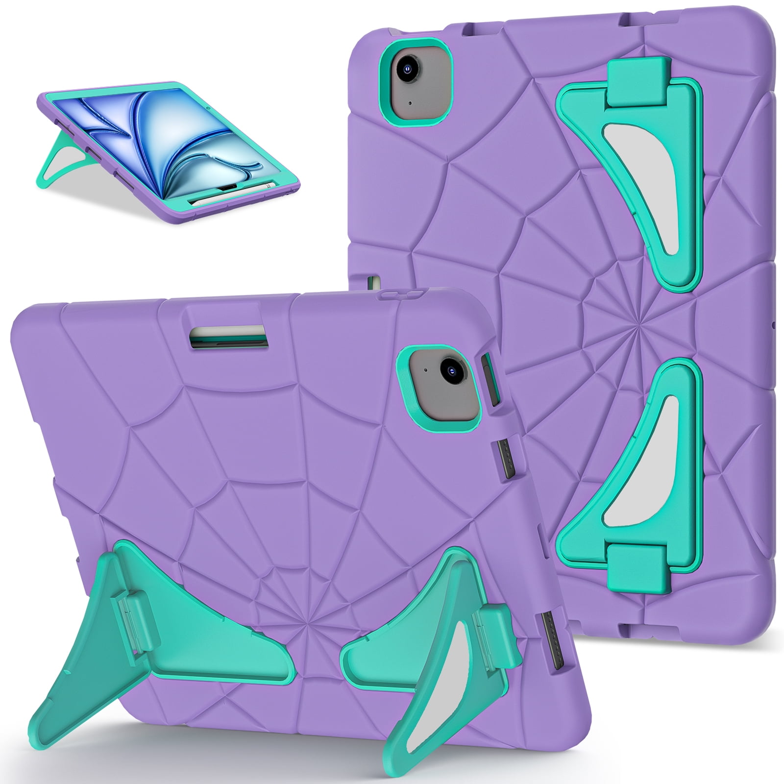 Allytechgroup iPad Pro 11 2024 Case, Cute Stylish Design Kids Friendly Rugged Kickstand Lightweight Silicone PC Case with Pencil Holder for Apple iPad Pro 11 Inch 2024, Purple+Green