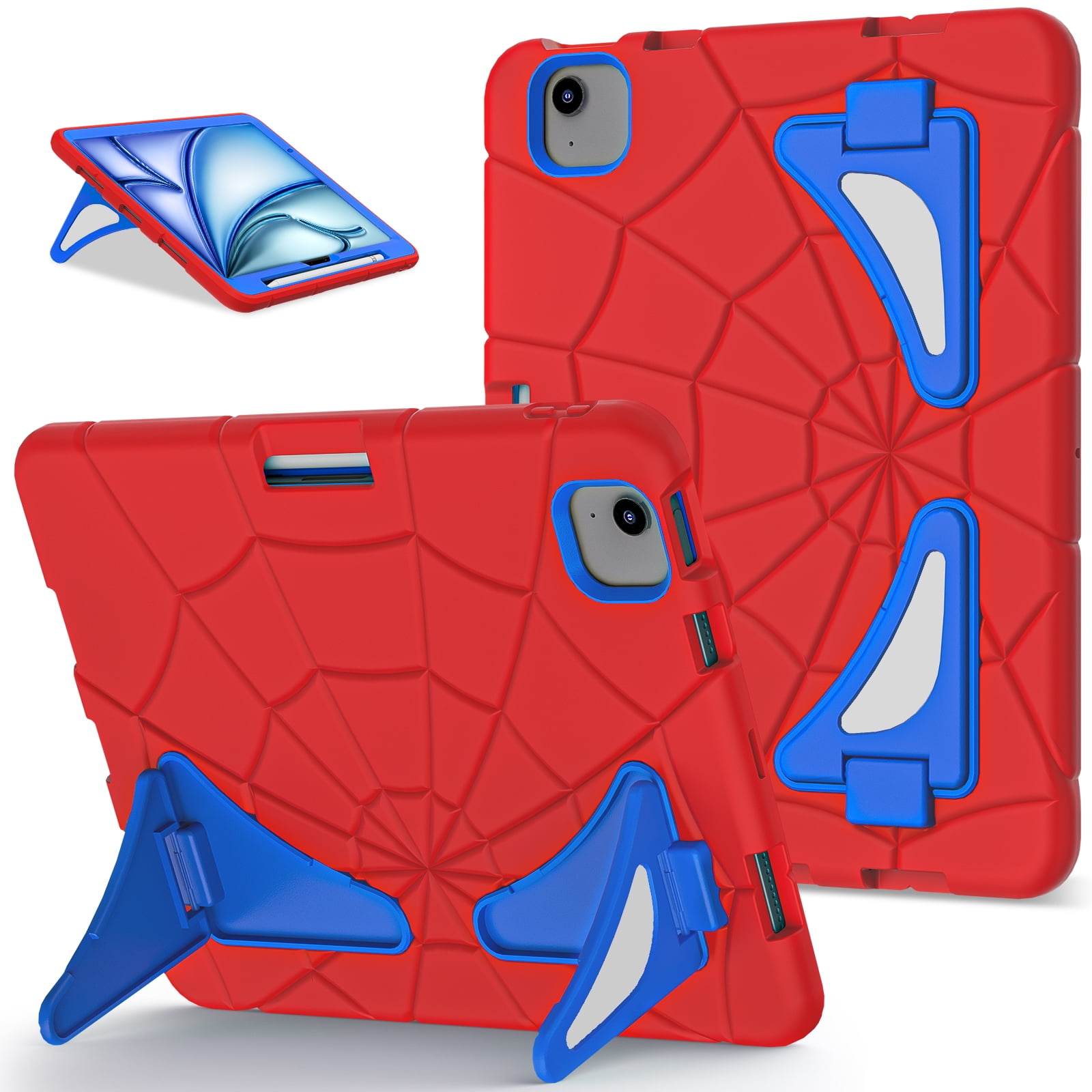 Allytechgroup iPad Pro 11 2024 Case, Cute Stylish Design Kids Friendly Rugged Kickstand Lightweight Silicone PC Case with Pencil Holder for Apple iPad Pro 11 Inch 2024, Red+Blue