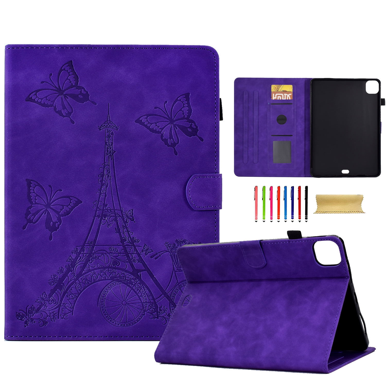 Allytechgroup iPad Pro 11 2024 M4 Case Cover, Eiffel Tower Butterfly Embossed Stylish Bumper Auto Sleep Wake Protective Kickstand Slim Fit Pencil Holder Case for Apple iPad 11 Inch Pro 2024, Purple