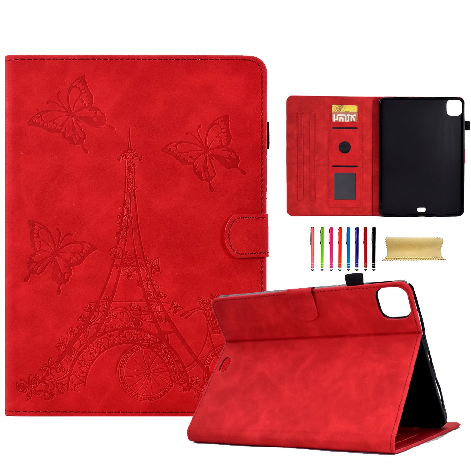 Allytechgroup iPad Pro 11 2024 M4 Case Cover, Eiffel Tower Butterfly Embossed Stylish Bumper Auto Sleep Wake Protective Kickstand Slim Fit Pencil Holder Case for Apple iPad 11 Inch Pro 2024, Red