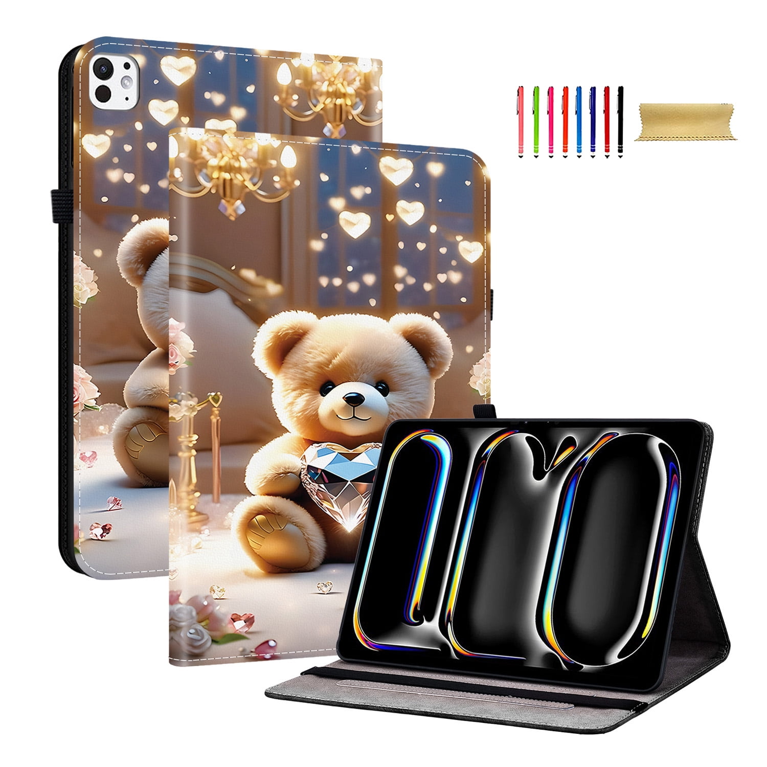 Allytechgroup for iPad Pro 11" 2025/2024 M5 M4 Case, Premium PU Leather Flip Cover Stand Cover with Cards Slots Pencil Holder Shockproof TPU Inner Case for Apple iPad Pro 11 Inch, Diamond Bear