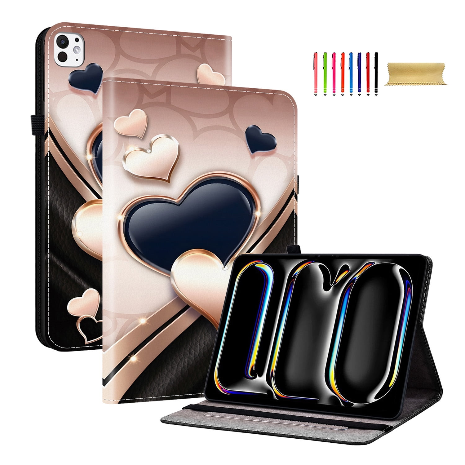 Allytechgroup for iPad Pro 11" 2025/2024 M5 M4 Case, Premium PU Leather Flip Cover Stand Cover with Cards Slots Pencil Holder Shockproof TPU Inner Case for Apple iPad Pro 11 Inch, Hearts