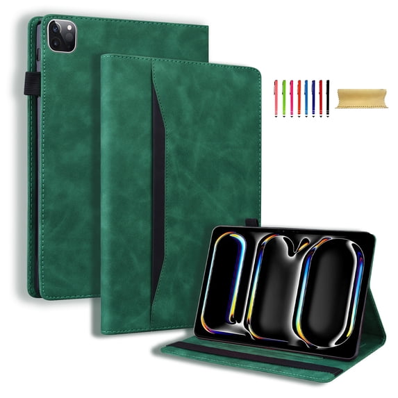 Allytechgroup iPad Pro 11 M4 2024 Case, Business Type Book Cover with Front Pocket Auto Sleep Wake Protective Kickstand Shockproof Bumper Case for Apple iPad Pro 11 Inch 2024, Green