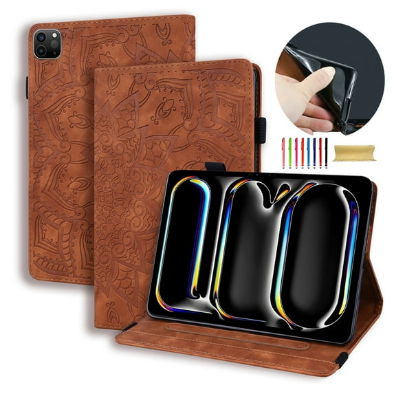 Allytechgroup iPad Pro 11 M4 2024 Case Cover, Multi-Angle Viewing Stand Shockproof Protection Mandala Pattern Embossed Stylish Premium Flip Case for Apple iPad Pro 11 Inch 2024, Brown