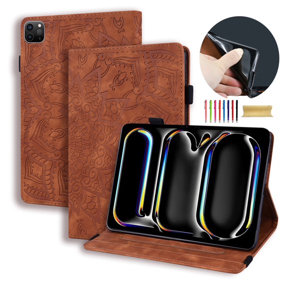 Allytechgroup iPad Pro 11 M4 2024 Case Cover, Multi-Angle Viewing Stand Shockproof Protection Mandala Pattern Embossed Stylish Premium Flip Case for Apple iPad Pro 11 Inch 2024, Brown