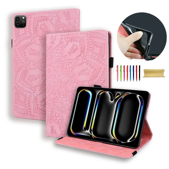 Allytechgroup iPad Pro 11 M4 2024 Case Cover, Multi-Angle Viewing Stand Shockproof Protection Mandala Pattern Embossed Stylish Premium Flip Case for Apple iPad Pro 11 Inch 2024, Pink