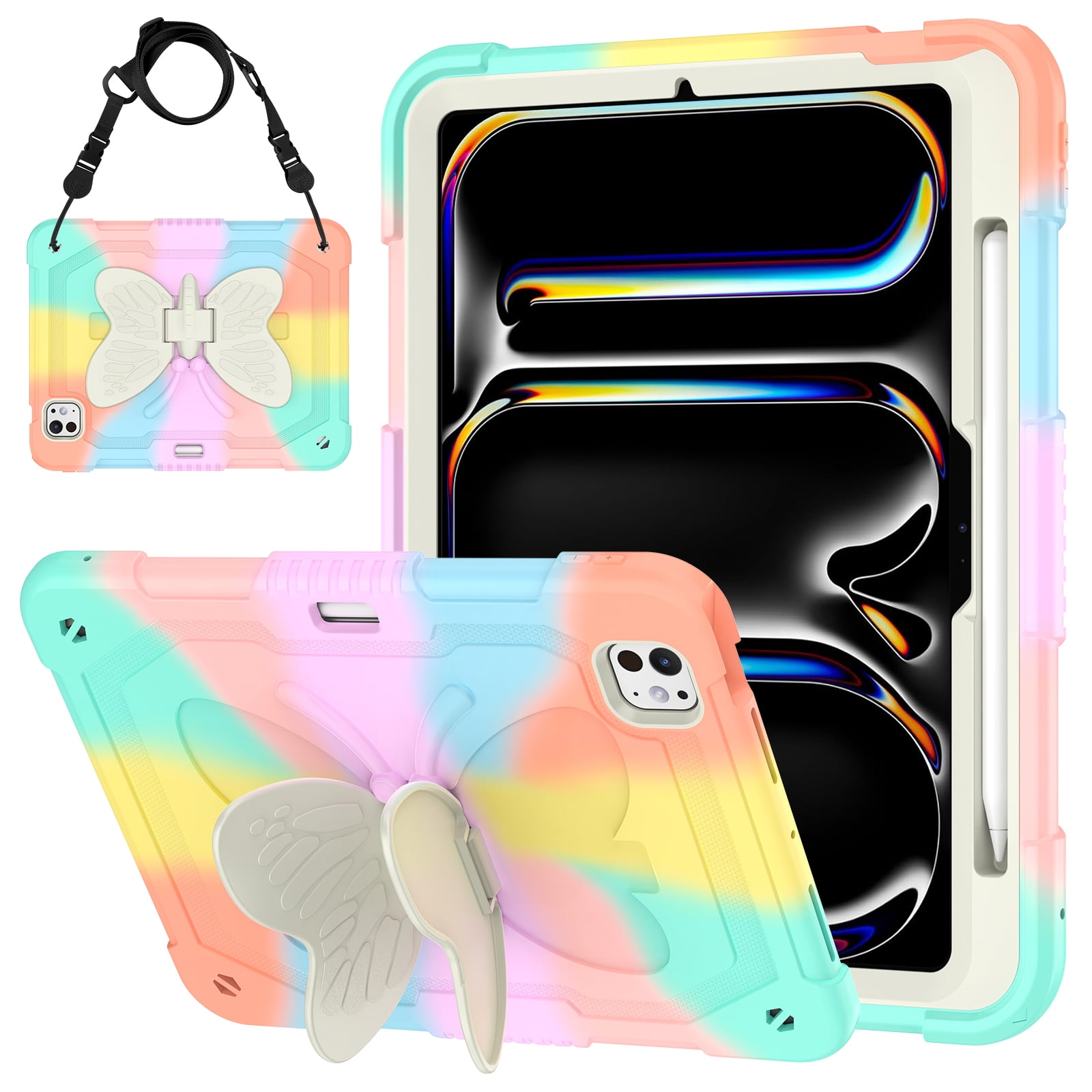 Allytechgroup iPad Pro 11 M4 2024 Case, Cute Butterfly Design Heavy Duty Shockproof Shoulder Strap Pencil Holder Kickstand Bumper Kids Friendly Rugged Case for Apple iPad Pro 11" 2024,Colorful