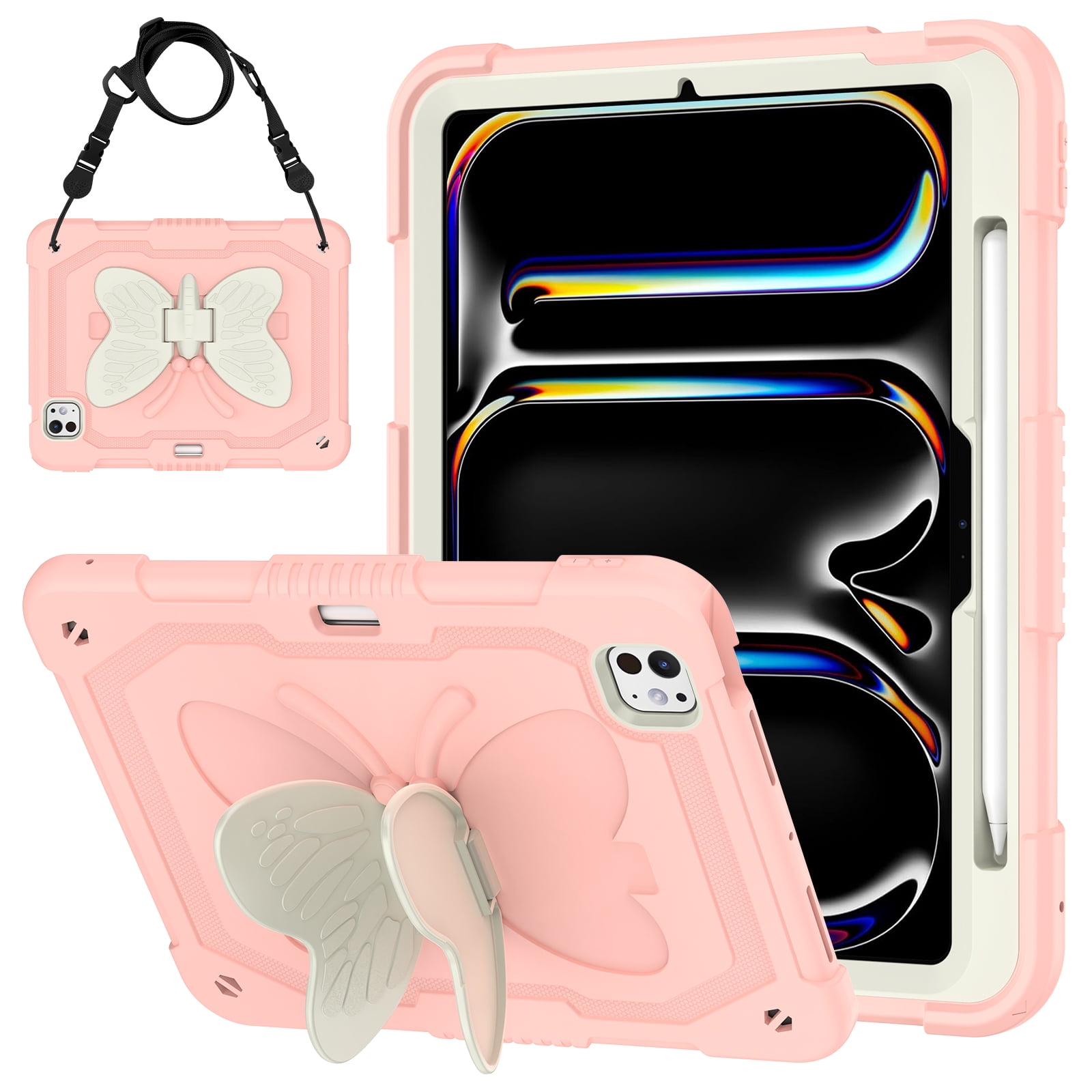 Allytechgroup iPad Pro 11 M4 2024 Case, Cute Butterfly Design Heavy Duty Shockproof Shoulder Strap Pencil Holder Kickstand Bumper Kids Friendly Rugged Case for Apple iPad Pro 11" 2024,Pink+Beige