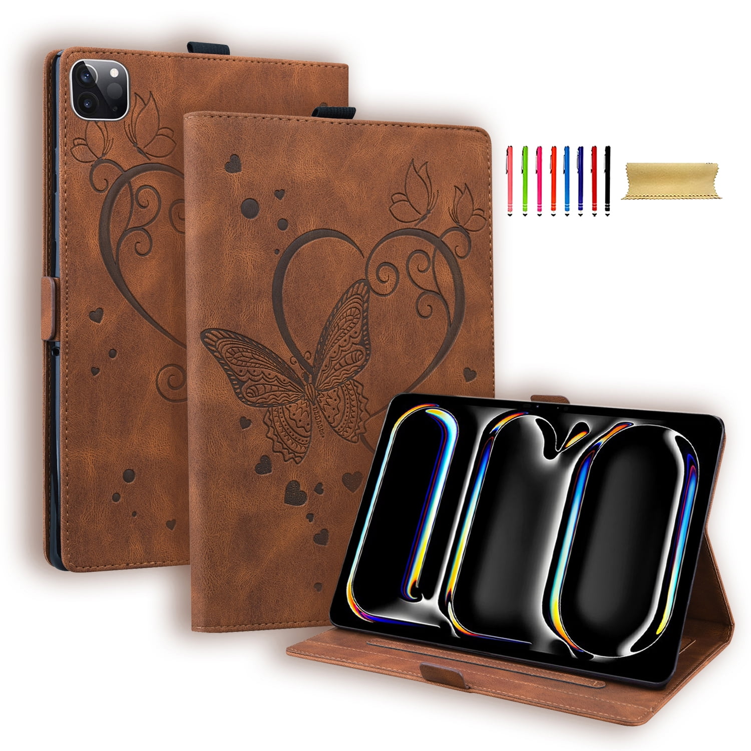 Allytechgroup iPad Pro 11 M4 2024 Case, PU Leather Folio Stand Bumper Anti-Scratch Kickstand Butterfly Embossed Shockproof Slim Fit Pencil Holder Case Cover for Apple iPad Pro 11" 2024, Brown