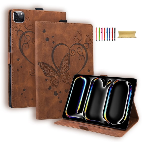 Allytechgroup iPad Pro 11 M4 2024 Case, PU Leather Folio Stand Bumper Anti-Scratch Kickstand Butterfly Embossed Shockproof Slim Fit Pencil Holder Case Cover for Apple iPad Pro 11" 2024, Brown