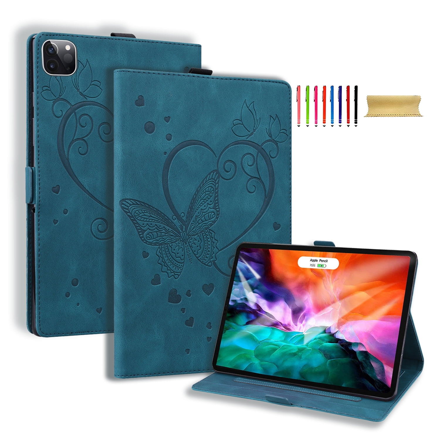 Allytechgroup iPad Pro 11 M4 2024 Case, PU Leather Folio Stand Bumper Anti-Scratch Kickstand Butterfly Embossed Shockproof Slim Fit Pencil Holder Case Cover for Apple iPad Pro 11" 2024, Blue