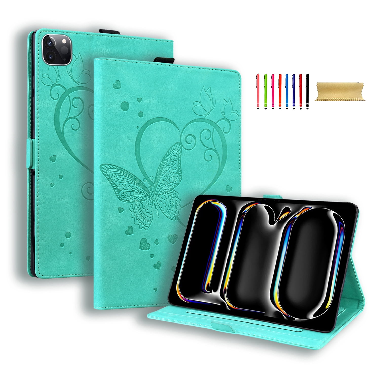 Allytechgroup iPad Pro 11 M4 2024 Case, PU Leather Folio Stand Bumper Anti-Scratch Kickstand Butterfly Embossed Shockproof Slim Fit Pencil Holder Case Cover for Apple iPad Pro 11" 2024, Green