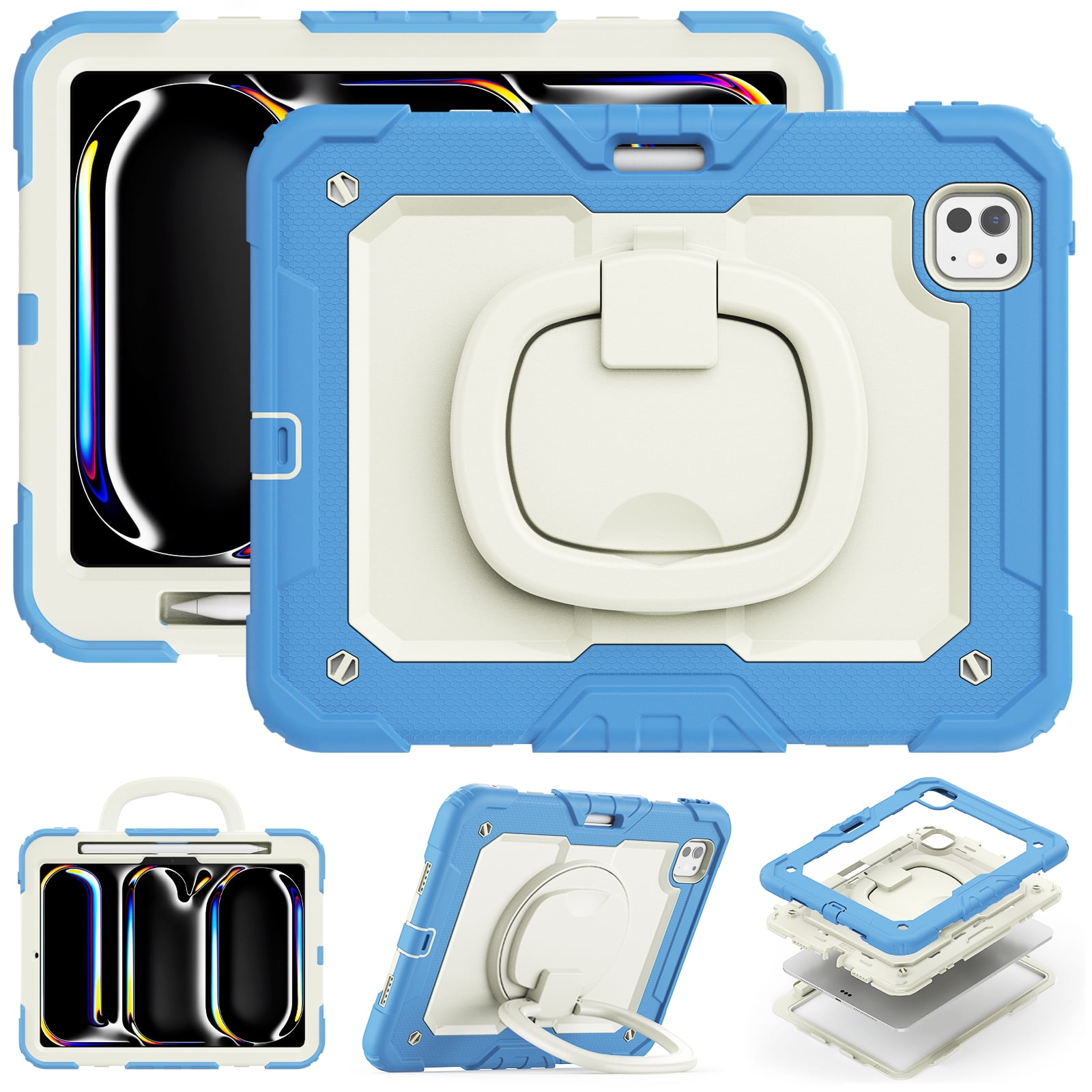 Allytechgroup iPad Pro 11 M4 2024 Case with Screen Protector, Heavy Duty Shockproof Kickstand Handle Bumper Pencil Holder Anti-Scratch Kids Friendly Case Cover for Apple iPad Pro 11" 2024, Blue
