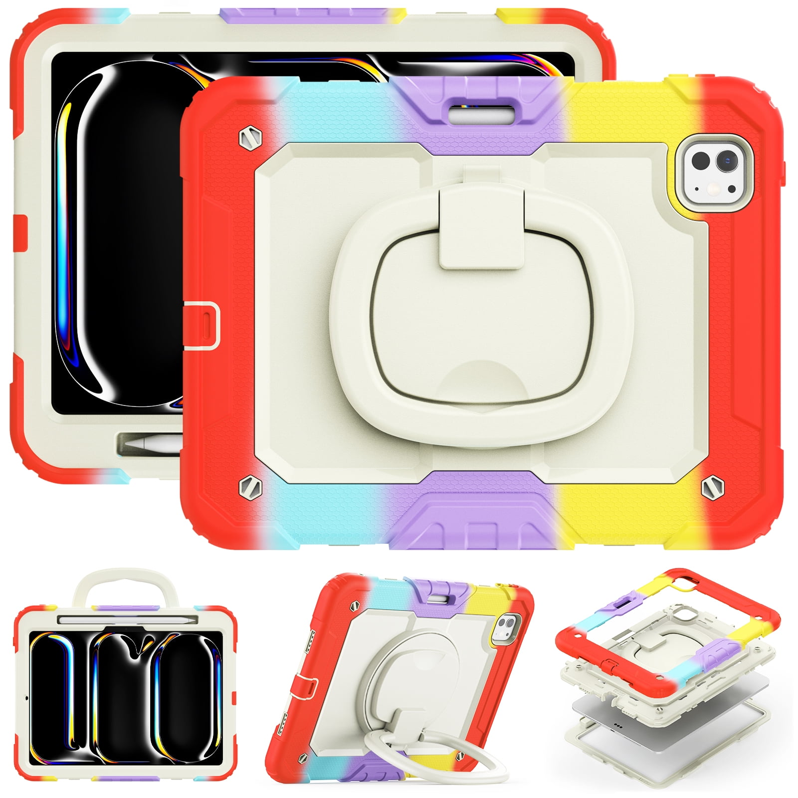 Allytechgroup iPad Pro 11 M4 2024 Case with Screen Protector, Heavy Duty Shockproof Kickstand Handle Bumper Pencil Holder Anti-Scratch Kids Friendly Case Cover for Apple iPad Pro 11" 2024,Colorful Red