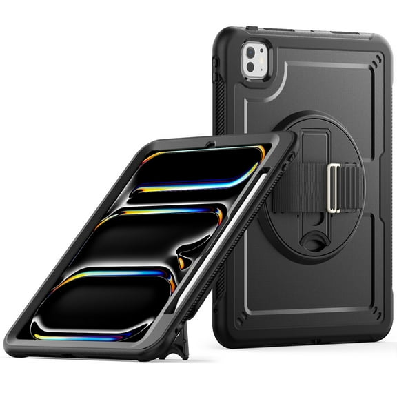 Allytechgroup iPad Pro 11 inch 2024 Case M4, Rotating Kickstand Shockproof Hand Strap + Shoulder Strap Drop Protection Rugged Case for Apple iPad Pro 11 Inch 2024, Black