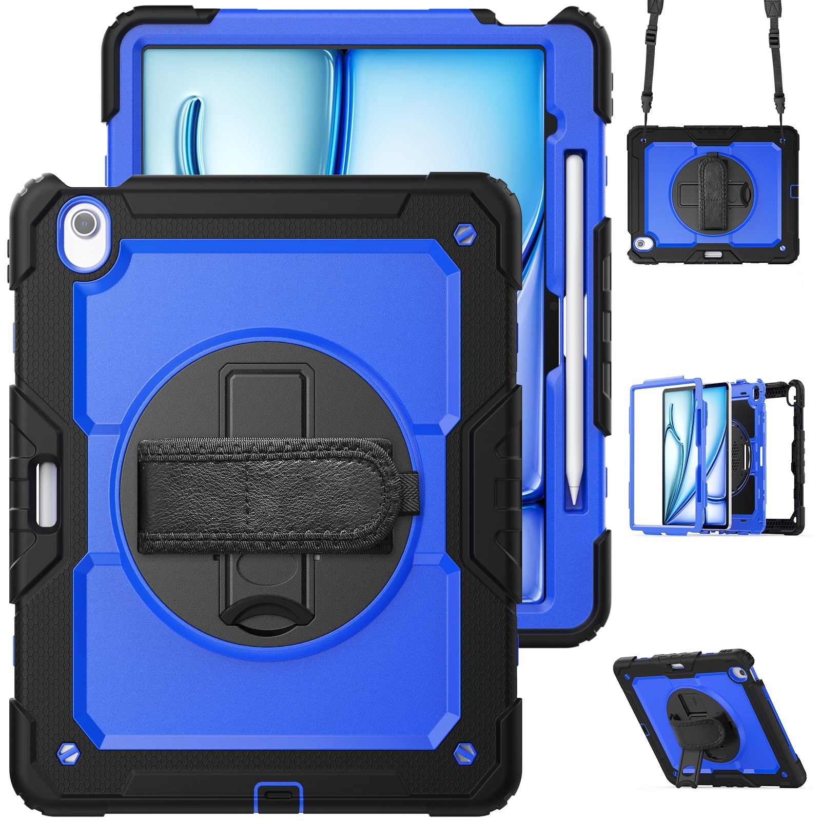 Allytechgroup iPad Pro 13 2024 Case with Screen Protector / Shoulder Strap/ Pencil Holder, Heavy Duty Shockproof Rugged Handle Kickstand Bumper Case Cover for Apple iPad Pro 13 Inch 2024 M4,Blue+Black