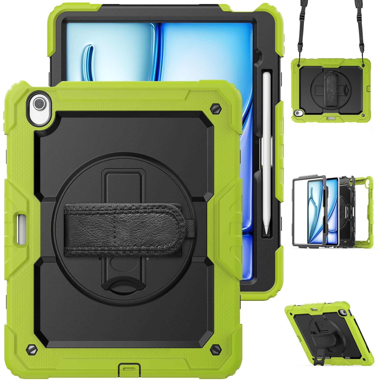 Allytechgroup iPad Pro 13 2024 Case with Screen Protector / Shoulder Strap/ Pencil Holder, Heavy Duty Shockproof Rugged Handle Kickstand Bumper Case Cover for Apple iPad Pro 13 Inch 2024 M4,Green