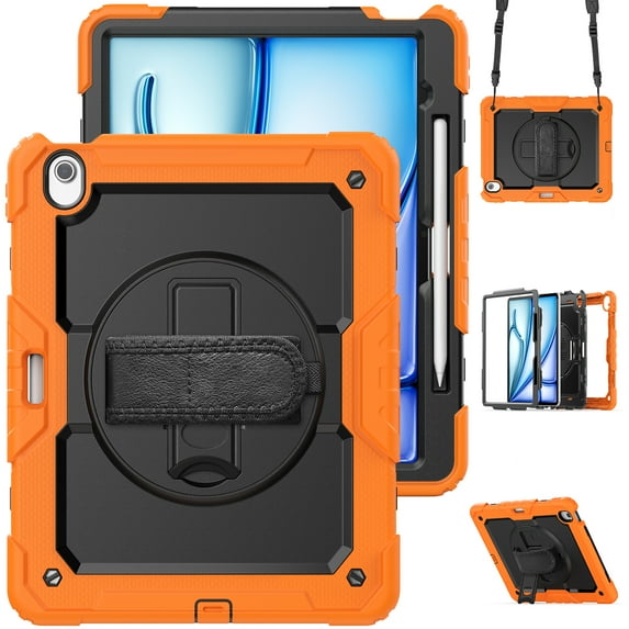 Allytechgroup iPad Pro 13 2024 Case with Screen Protector / Shoulder Strap/ Pencil Holder, Heavy Duty Shockproof Rugged Handle Kickstand Bumper Case Cover for Apple iPad Pro 13 Inch 2024 M4,Orange