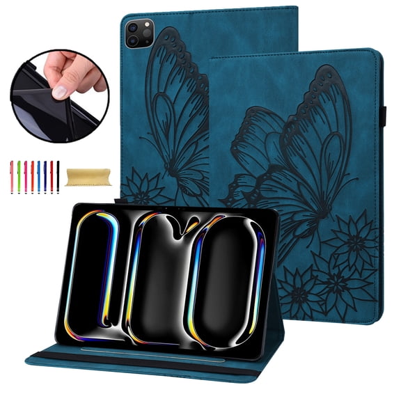 Allytechgroup iPad Pro 13 Case Cover, Stylish Big Butterfly Design PU Leather Smart Cover Auto Sleep Wake Pencil Holder Flip Stand Shockproof Bumper Case for Apple iPad Pro 13" 2024 M4, Blue