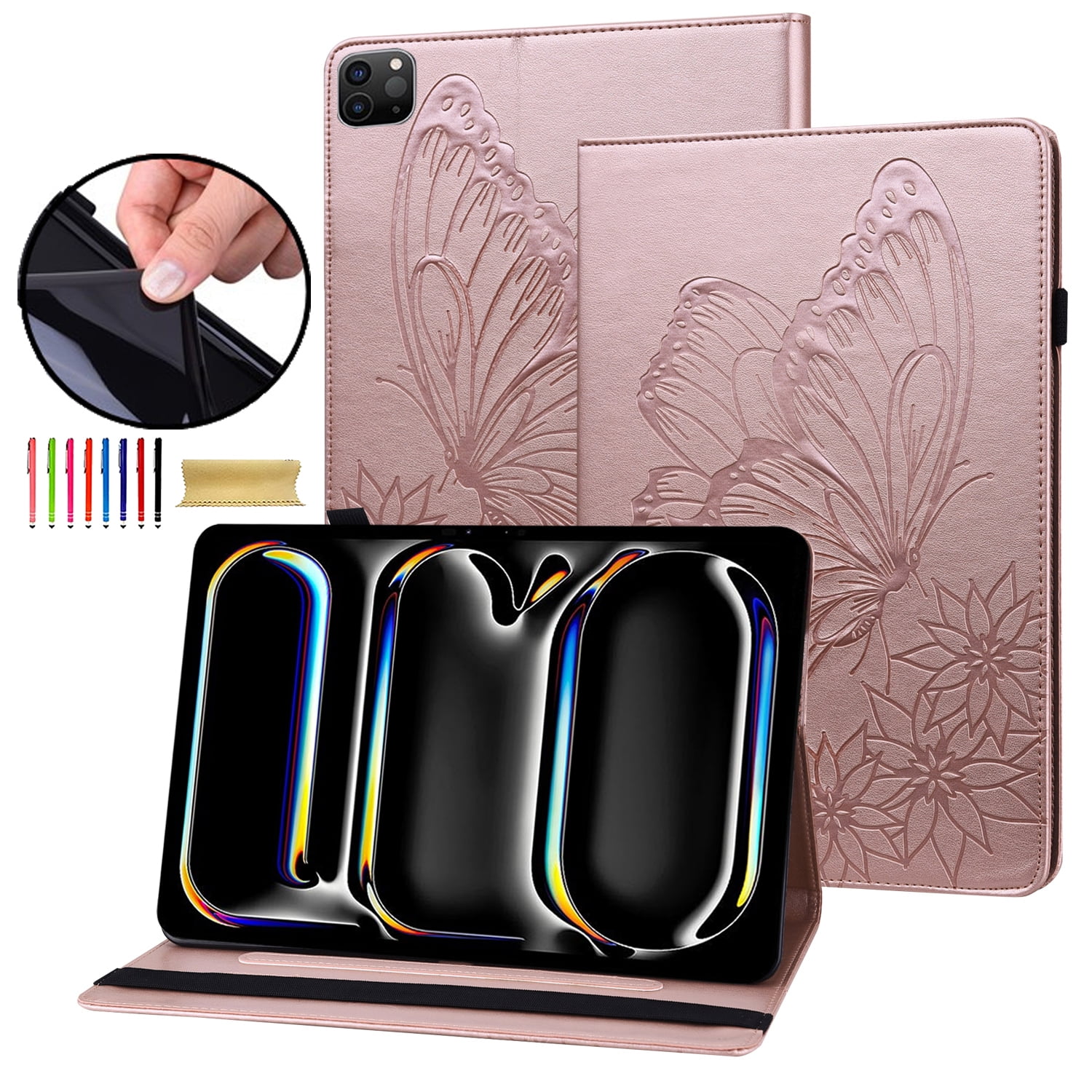 Allytechgroup iPad Pro 13 Case Cover, Stylish Big Butterfly Design PU Leather Smart Cover Auto Sleep Wake Pencil Holder Flip Stand Shockproof Bumper Case for Apple iPad Pro 13" 2024 M4, Rosegold
