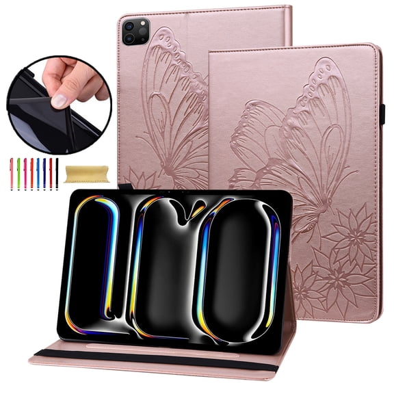 Allytechgroup iPad Pro 13 Case Cover, Stylish Big Butterfly Design PU Leather Smart Cover Auto Sleep Wake Pencil Holder Flip Stand Shockproof Bumper Case for Apple iPad Pro 13" 2024 M4, Rosegold