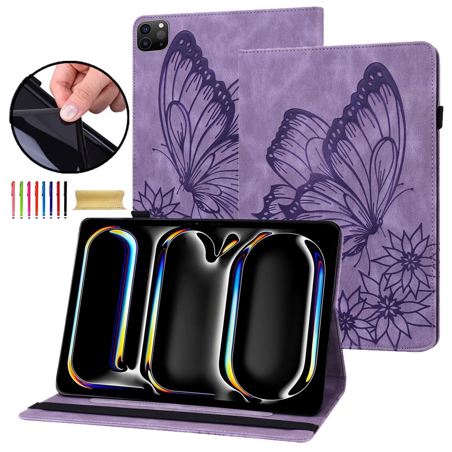 Allytechgroup iPad Pro 13 Case Cover, Stylish Big Butterfly Design PU Leather Smart Cover Auto Sleep Wake Pencil Holder Flip Stand Shockproof Bumper Case for Apple iPad Pro 13" 2024 M4, Purple