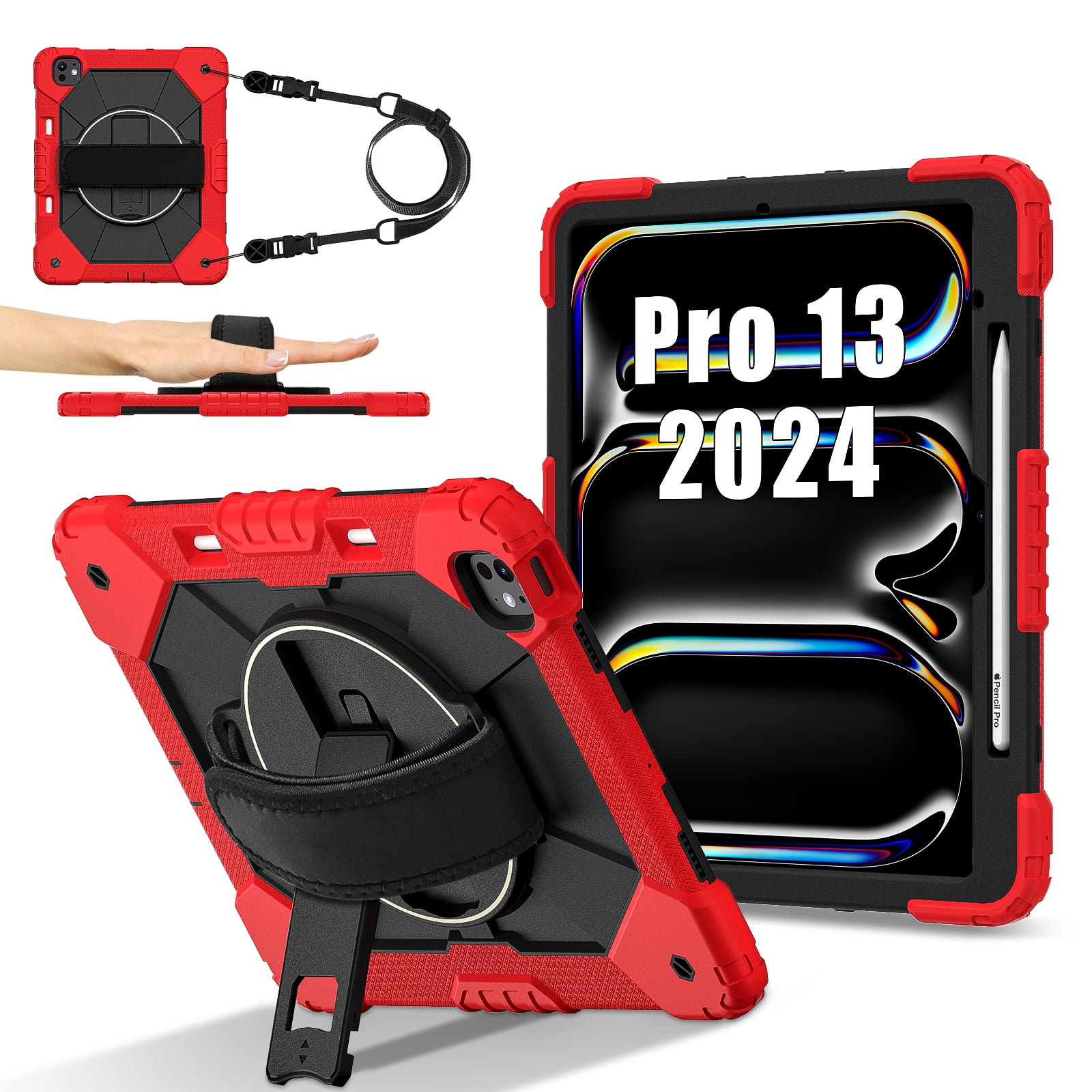 Allytechgroup iPad Pro 13 Inch 2024 Case Cover with Pencil Holder, Rugged Protection with Kickstand & Hand Strap Heavy Duty Shockproof Kids Friendly Case for Apple iPad Pro 13 M4 2024, Red