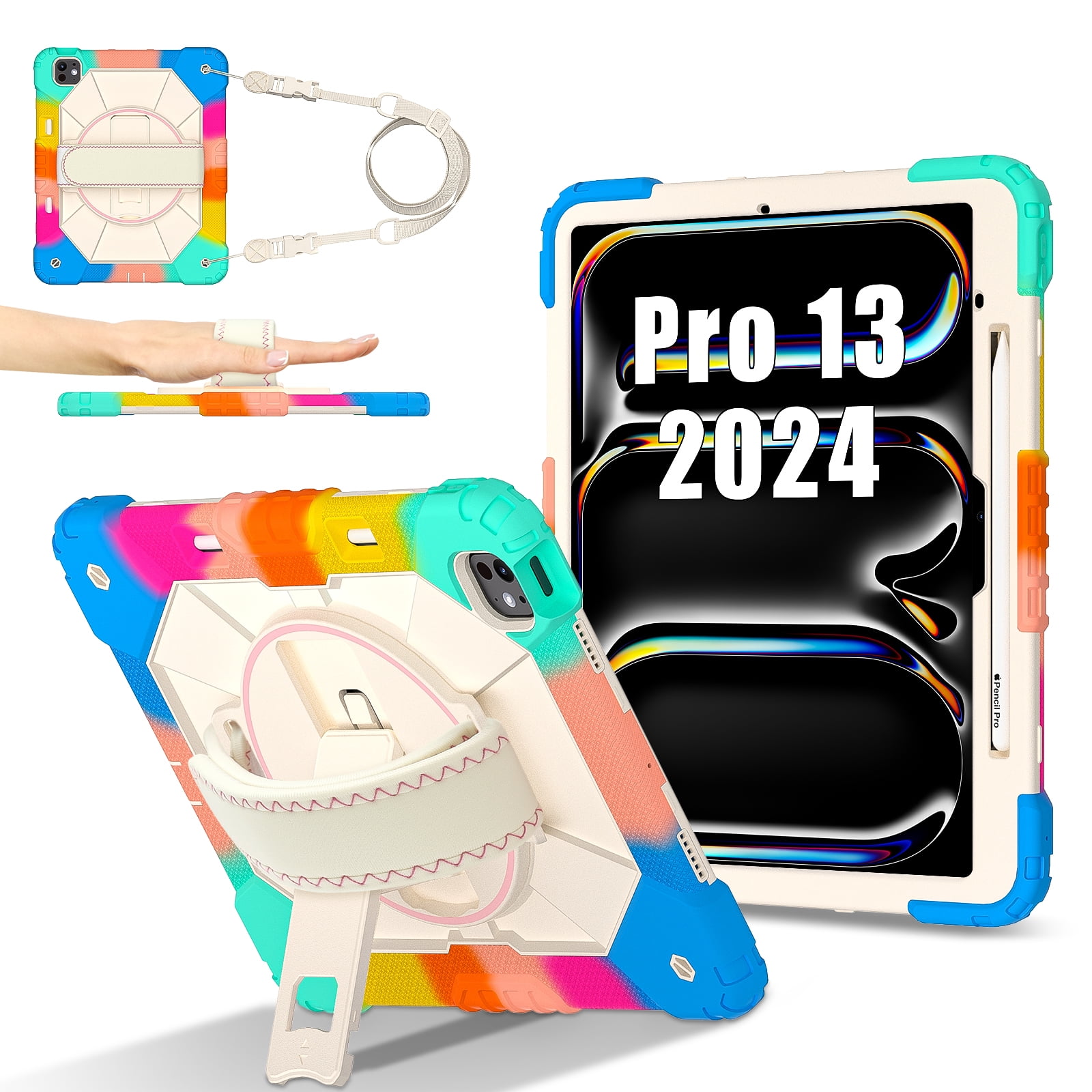 Allytechgroup iPad Pro 13 Inch 2024 Case Cover with Pencil Holder, Rugged Protection with Kickstand & Hand Strap Heavy Duty Shockproof Kids Friendly Case for Apple iPad Pro 13 M4 2024, Colorful Blue