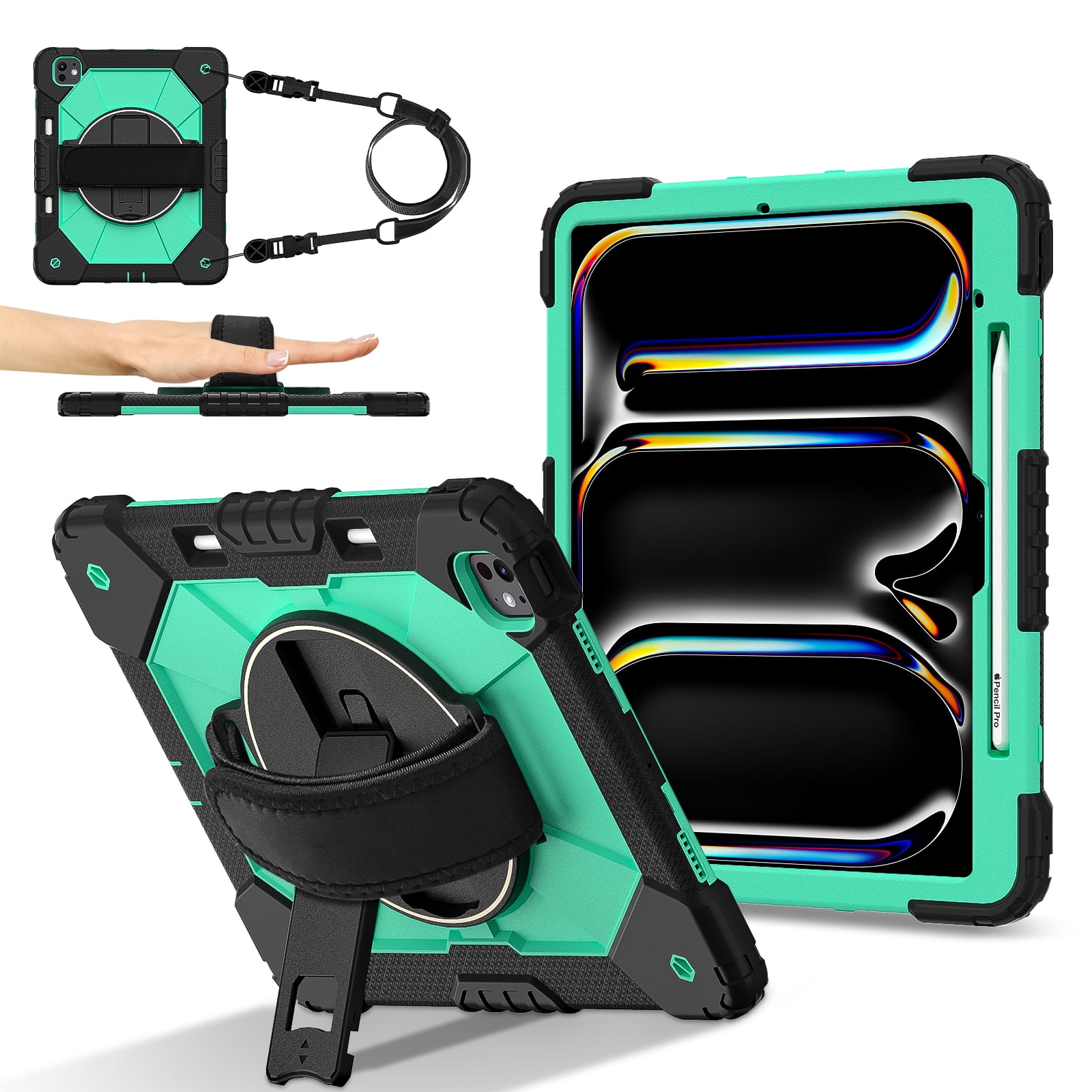 Allytechgroup iPad Pro 13 Inch 2024 Case Cover with Pencil Holder, Rugged Protection with Kickstand & Hand Strap Heavy Duty Shockproof Kids Friendly Case for Apple iPad Pro 13 M4 2024, Mint