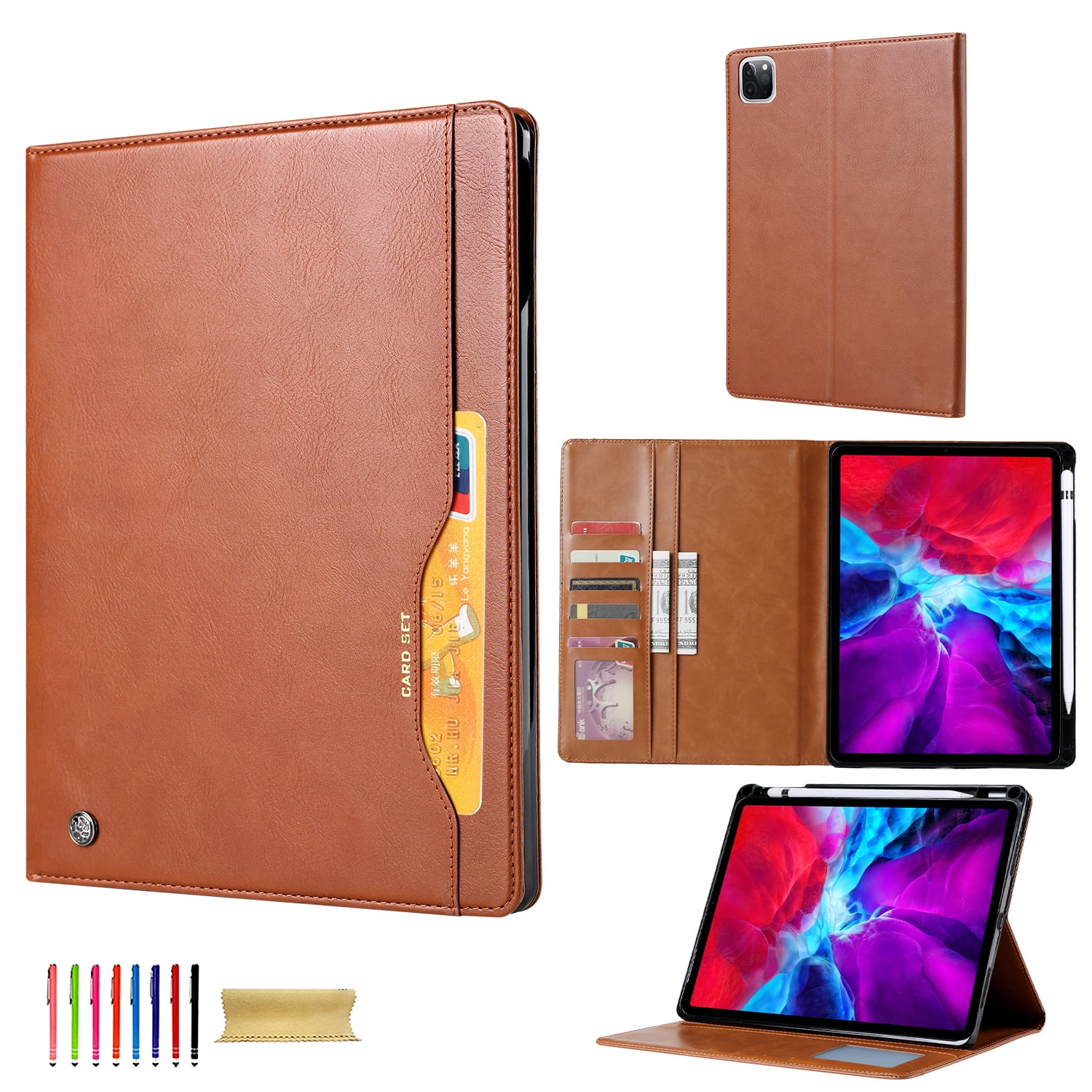 Allytechgroup iPad Pro 13 M4 2024 Case with Pencil Holder, Front Pocket Business Type Flip Multi Angle Stand Shockproof Protective Auto Sleep Wake Case for Apple iPad Pro 13" 2024 M4, Brown