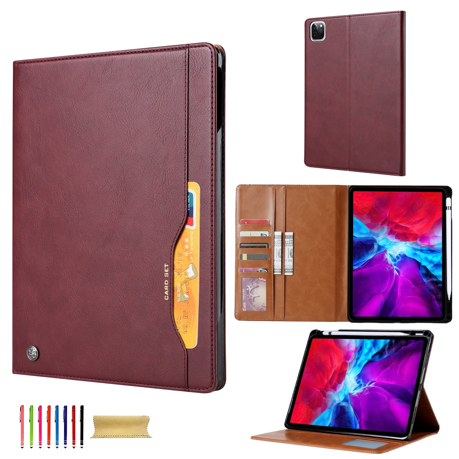 Allytechgroup iPad Pro 13 M4 2024 Case with Pencil Holder, Front Pocket Business Type Flip Multi Angle Stand Shockproof Protective Auto Sleep Wake Case for Apple iPad Pro 13" 2024 M4, Winered