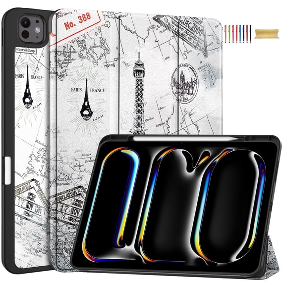 Allytechgroup iPad Pro 13 M4 2024 Case, Slim Flip Smart Cover Auto Sleep Wake with Pencil Holder Multi Angle Veiwing Stand Shockproof Case for Apple iPad Pro 13 inch 2024,Eiffel Tower