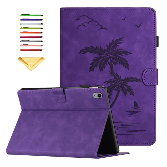 Allytechgroup for iPad 10th Generation Case 10.9 inch 2022 with Stand/Pencil Holder/Card Pockets/Magnetic Closure Smart Embossed Palm Tree PU Leather Folio Slim Wallet Cover, [Auto Wake/Sleep], Purple
